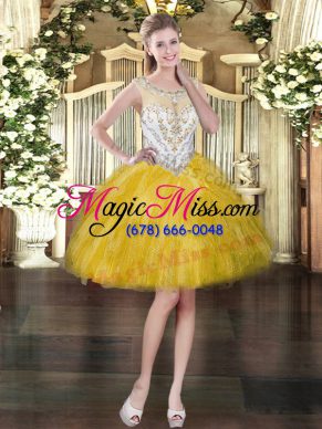 Superior Scoop Sleeveless Dress for Prom Mini Length Beading and Ruffles Gold Tulle