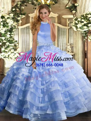 Organza Halter Top Sleeveless Backless Beading and Ruffled Layers Quinceanera Dress in Blue