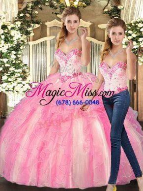 Modest Sweetheart Sleeveless Lace Up 15th Birthday Dress Rose Pink Organza