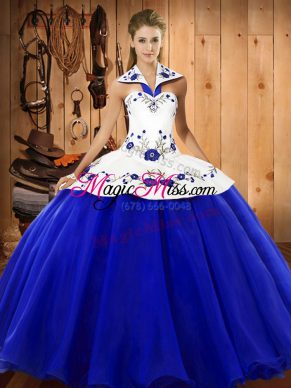 Blue And White Satin and Tulle Lace Up Sweet 16 Dresses Sleeveless Floor Length Embroidery