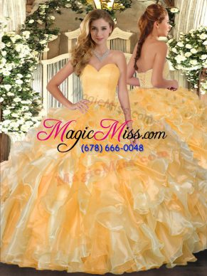 Comfortable Gold Sleeveless Floor Length Beading and Ruffles Lace Up Sweet 16 Quinceanera Dress