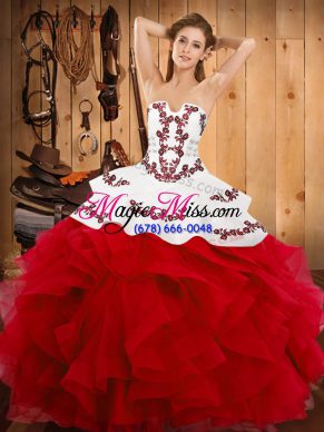 Custom Made Strapless Sleeveless Satin and Organza Sweet 16 Dress Embroidery and Ruffles Lace Up