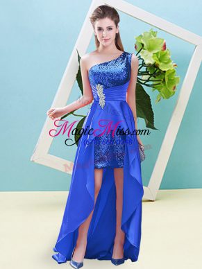 Top Selling Blue Elastic Woven Satin and Sequined Lace Up Prom Dress Sleeveless High Low Beading and Sequins