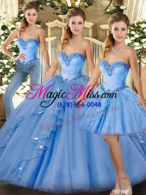 Clearance Baby Blue Lace Up Sweetheart Beading and Ruffles Quinceanera Dress Organza Sleeveless