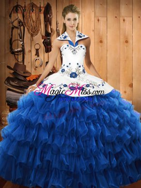 Halter Top Sleeveless Quinceanera Gown Floor Length Embroidery and Ruffled Layers Blue Organza