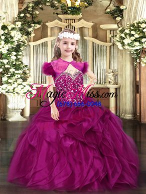 High End Floor Length Fuchsia Pageant Gowns For Girls Straps Sleeveless Lace Up