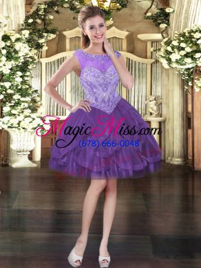 High Quality Tulle Scoop Sleeveless Lace Up Beading and Ruffles Prom Dress in Purple