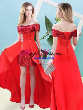 Sumptuous Red Lace Up Off The Shoulder Beading Prom Gown Elastic Woven Satin and Sequined Short Sleeves
