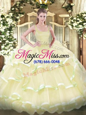 Best Straps Sleeveless Quinceanera Dress Floor Length Beading and Ruffled Layers Light Yellow Organza