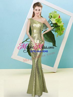 Yellow Green Sequined Zipper One Shoulder Sleeveless Floor Length Prom Party Dress Sequins