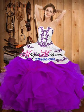 Sleeveless Satin and Organza Floor Length Lace Up Vestidos de Quinceanera in Purple with Embroidery and Ruffles