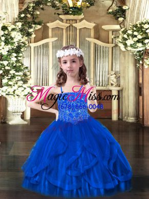 Fancy Sleeveless Tulle Floor Length Lace Up Pageant Dresses in Blue with Beading and Ruffles