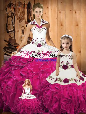 Halter Top Sleeveless Lace Up Quinceanera Gown Fuchsia Tulle
