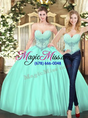 Apple Green Sleeveless Floor Length Beading Lace Up Sweet 16 Dresses