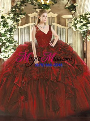 Clearance Wine Red Sleeveless Floor Length Beading and Lace and Ruffles Backless 15 Quinceanera Dress