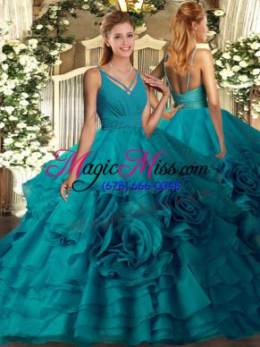 Hot Selling With Train Teal Vestidos de Quinceanera Fabric With Rolling Flowers Sweep Train Sleeveless Ruffles