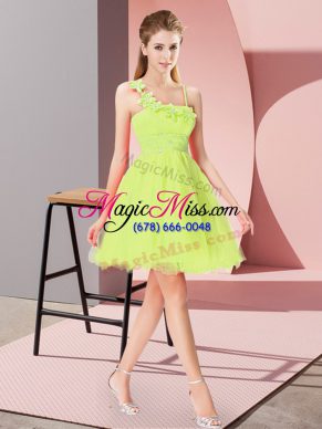 Custom Made Organza Asymmetric Sleeveless Zipper Beading and Hand Made Flower Dress for Prom in Yellow Green