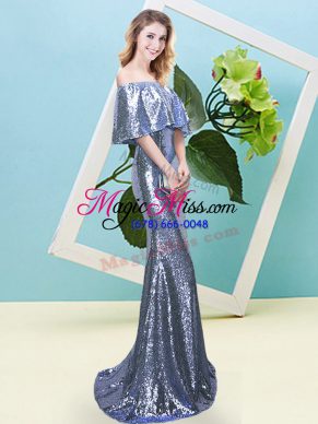 Excellent Blue Half Sleeves Floor Length Sequins Zipper Evening Dress