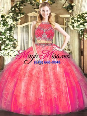 Sleeveless Tulle Floor Length Zipper Quinceanera Dress in Coral Red with Beading and Ruffles