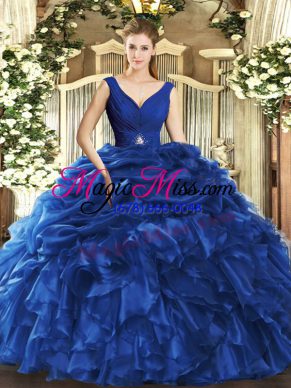 Beading and Ruffles Sweet 16 Dress Blue Backless Sleeveless Floor Length