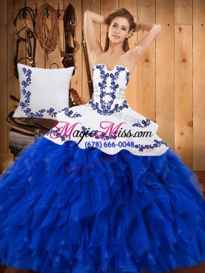 Best Blue And White Lace Up Strapless Embroidery and Ruffles Quince Ball Gowns Satin and Organza Sleeveless