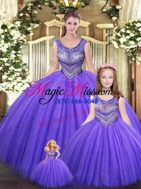Eggplant Purple Ball Gowns Scoop Sleeveless Tulle Floor Length Lace Up Beading Quinceanera Gown