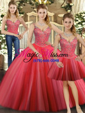 Coral Red Straps Lace Up Beading Sweet 16 Quinceanera Dress Sleeveless