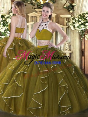 Olive Green Ball Gowns Organza High-neck Sleeveless Beading and Ruffles Floor Length Backless 15th Birthday Dress