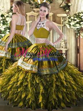Floor Length Two Pieces Sleeveless Olive Green Quinceanera Gowns Backless
