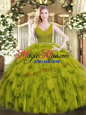 Olive Green Tulle Zipper Quinceanera Dresses Sleeveless Floor Length Beading and Ruffles