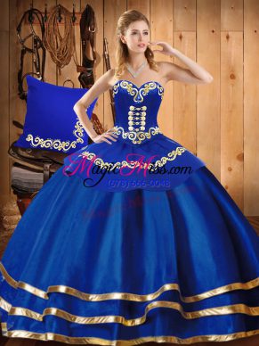 Blue Lace Up Sweetheart Embroidery Ball Gown Prom Dress Satin and Tulle Sleeveless