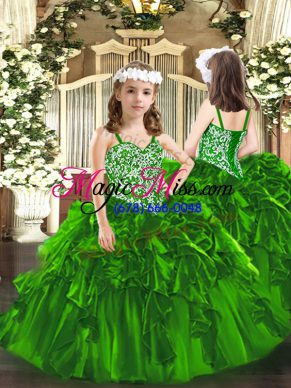 Custom Designed Green Sleeveless Beading and Ruffles Floor Length Pageant Dress for Girls
