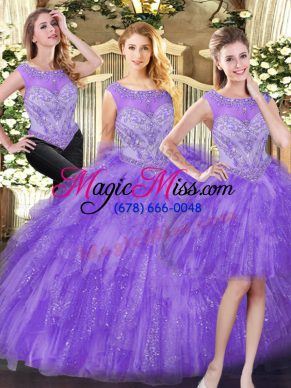 Eggplant Purple Three Pieces Organza Scoop Sleeveless Beading and Ruffles Floor Length Lace Up Sweet 16 Quinceanera Dress