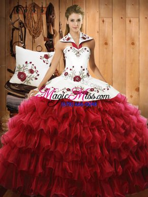 Romantic Wine Red Quince Ball Gowns Military Ball and Sweet 16 and Quinceanera with Embroidery and Ruffled Layers Halter Top Sleeveless Lace Up