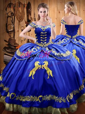 Royal Blue Off The Shoulder Lace Up Beading and Embroidery 15th Birthday Dress Sleeveless