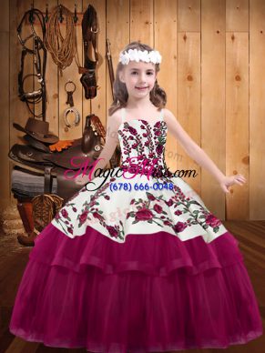 Organza Straps Sleeveless Lace Up Embroidery Kids Formal Wear in Fuchsia
