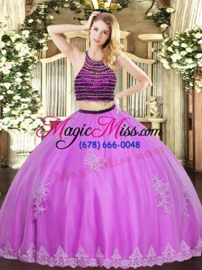 Excellent Lilac Tulle Zipper Sweet 16 Dress Sleeveless Floor Length Beading and Appliques