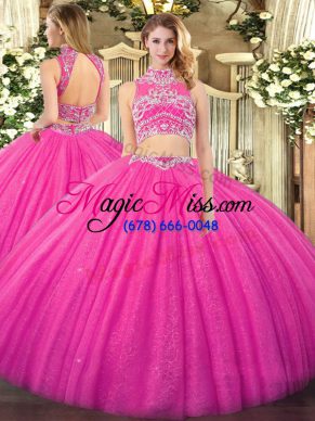 Hot Pink Sleeveless Tulle Backless Quinceanera Dress for Military Ball and Sweet 16 and Quinceanera