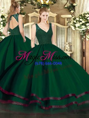 Adorable Dark Green V-neck Neckline Beading and Lace and Ruffled Layers Vestidos de Quinceanera Sleeveless Backless