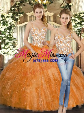 Beauteous Orange Red Organza Lace Up 15th Birthday Dress Sleeveless Floor Length Beading and Ruffles