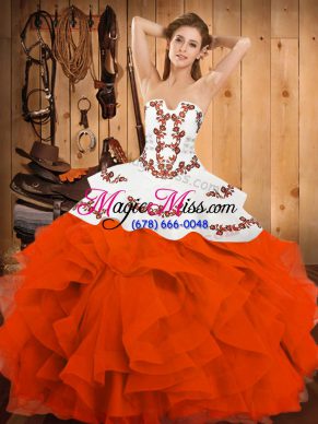 Orange Red Lace Up Strapless Embroidery and Ruffles Quince Ball Gowns Satin and Organza Sleeveless