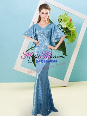 Flare V-neck Half Sleeves Zipper Prom Dresses Baby Blue Sequined