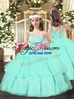 Apple Green Lace Up Straps Beading and Ruffled Layers Pageant Dress for Teens Organza Sleeveless