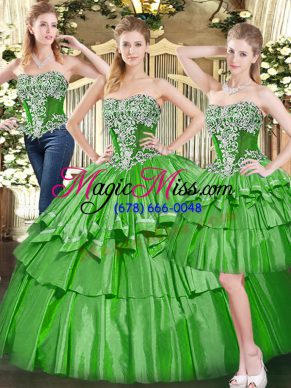 Green Sleeveless Beading and Ruffled Layers Floor Length Quince Ball Gowns