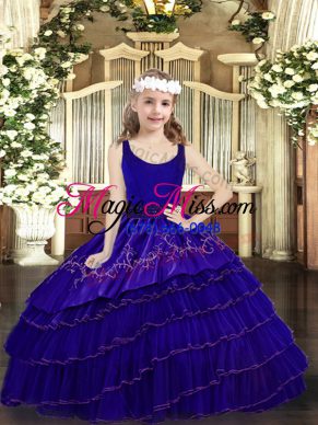 Sweet Scoop Sleeveless Organza Little Girls Pageant Gowns Beading and Embroidery and Ruffled Layers Zipper