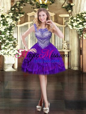 Fancy Purple Zipper Scoop Beading and Ruffles Prom Evening Gown Tulle Sleeveless