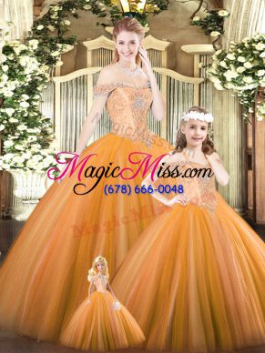 Flirting Ball Gowns Quinceanera Dresses Orange Off The Shoulder Tulle Sleeveless Floor Length Lace Up