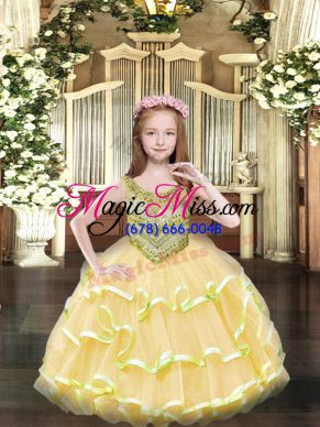 Superior Ball Gowns Little Girls Pageant Gowns Gold Scoop Organza Sleeveless Floor Length Lace Up
