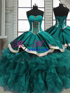 Hot Selling Teal Organza Lace Up Sweet 16 Quinceanera Dress Sleeveless Floor Length Beading and Ruffles