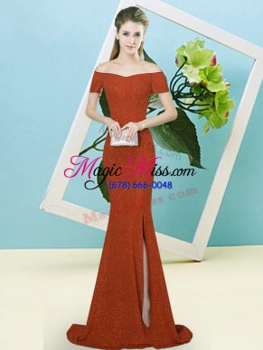 Colorful Rust Red Short Sleeves Sequined Sweep Train Zipper Evening Dress for Prom and Party